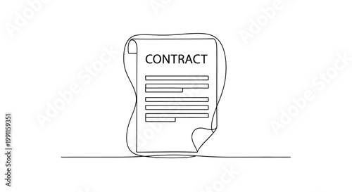 Single Line Drawing of a Contract Document with Text and Lines, Business Agreement Concept