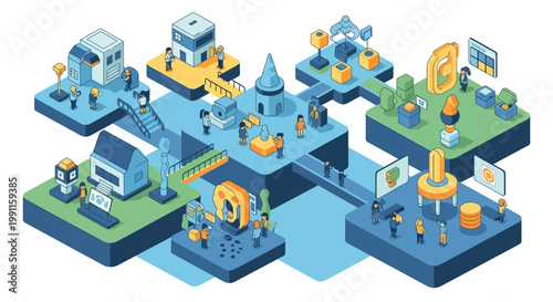 Isometric vector illustration of a futuristic city with modern buildings and people interacting with technology