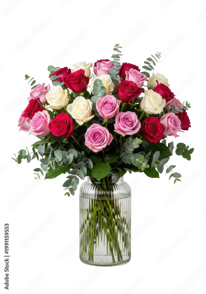 Obraz premium a lush, formal bouquet of deep crimson, blush pink, ivory, and magenta roses with eucalyptus, presented in a clear ribbed glass vase on a transparent background. luxury floral design concept