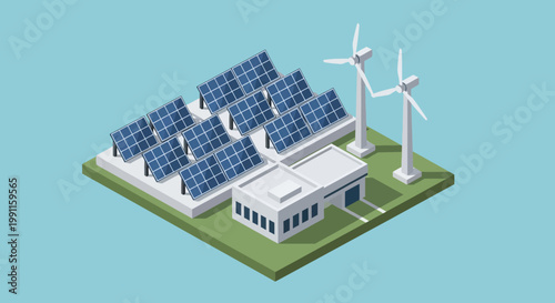 Renewable energy power plant with solar panels and wind turbines in an isometric view