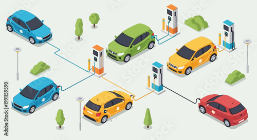 Sustainable Urban Mobility Electric Cars Charging at Modern Stations, Highlighting Eco-Friendly Transportation and Green Energy Solutions in a Clean City Environment