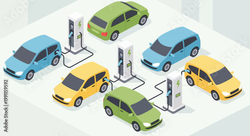 Isometric Illustration of Modern Electric Vehicles Charging at Multiple Stations, Showcasing an Advanced EV Infrastructure Network for Sustainable Transportation