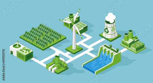 Isometric Illustration of a Modern Energy Grid with Diverse Power Sources Including Sustainable Renewables and Conventional Fossil Fuel Plants Connected for Balanced Electricity Generation