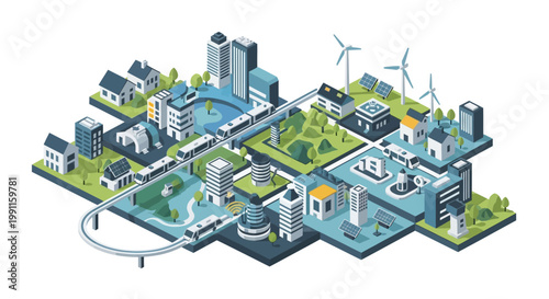 Isometric Smart City Illustration Showcasing Sustainable Technology and Urban Development