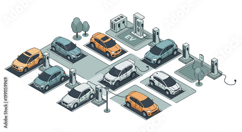 Isometric depiction of electric vehicles charging at stations, highlighting sustainable transportation and modern urban infrastructure