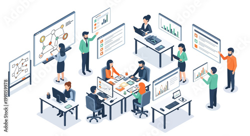 Isometric illustration of a collaborative business environment with people working together on projects and data analysis