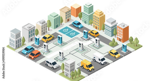 Modern city grid with electric vehicles and smart charging stations, depicting an intelligent urban transportation system and sustainable infrastructure for future mobility