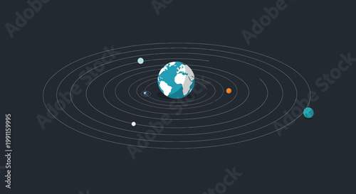 A sleek flat vector illustration depicting a conceptual planetary system with multiple planets orbiting a central blue sphere on a minimalist dark background