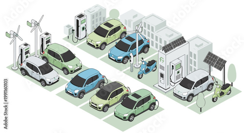 Modern electric vehicle charging station with renewable energy sources like wind turbines and solar panels powering a smart city