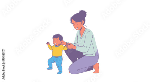 Mother teaching baby first steps, illustration, family, childhood, learning to walk