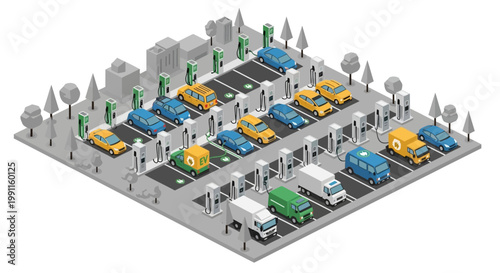 Isometric illustration of an electric vehicle charging station with various types of electric cars, vans, and trucks