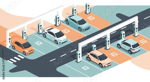 Isometric illustration of a modern electric vehicle charging station, showing multiple cars connected to sustainable energy infrastructure, reflecting future urban transport