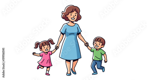 Happy mother walking with her two children, holding hands, illustration, family fun