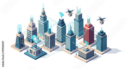 Futuristic city skyline with smart buildings, drones, and wireless connectivity, representing innovation and urban technology