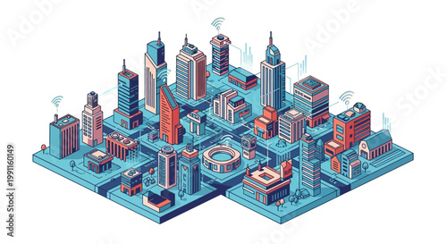 Isometric smart city landscape with modern buildings, advanced infrastructure, and integrated technology, representing future urban development and innovative living