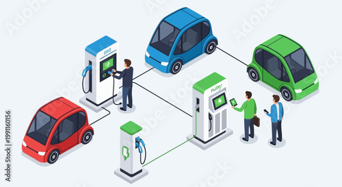 Electric vehicle charging stations connecting cars and people in an isometric illustration