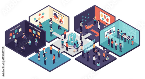 Isometric vector illustration of a bustling modern interactive digital exhibition or a dynamic technology conference, with diverse people engaging in collaborative learning and innovation
