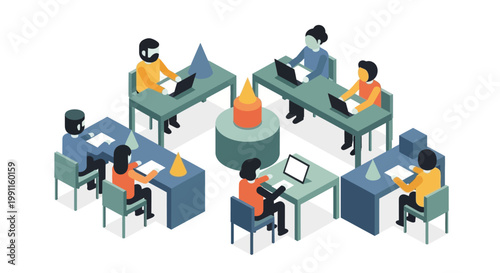 Isometric illustration of a diverse team collaborating and working productively in a modern shared office setting, utilizing laptops and tablets