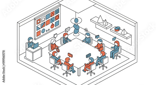 Isometric business meeting room with people collaborating around a table, illustrating teamwork and strategic planning