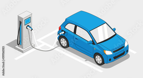 Isometric illustration of an electric vehicle charging at a public station in a parking lot, symbolizing sustainable energy and modern urban transportation