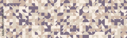 Abstract geometric background featuring a seamless pattern of circles, halfcircles, and squares in muted beige and purple tones.
