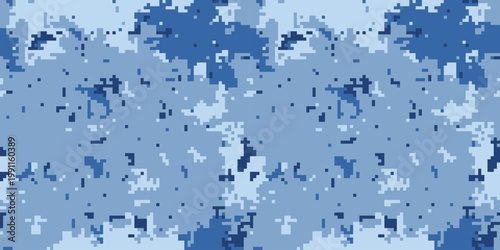 Abstract digital camouflage pattern in cool blue tones.  Seamless texture ideal for backgrounds, textiles, or fashion designs.  Provides a sense of mystery and concealment.