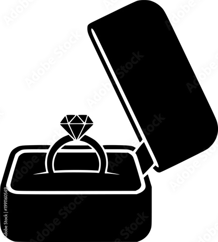 Minimalist black silhouette of an open jewelry box with a diamond ring inside flat design isolated on white background
