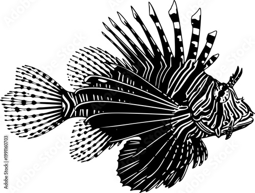 Black silhouette of lionfish swimming right with striped fins and spines isolated on white background
