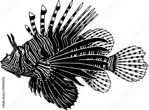 Black silhouette of lionfish swimming right with striped fins and spines isolated on white background
