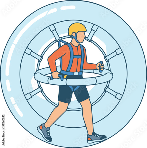 Cartoon man jogging inside a futuristic gyroscope fitness pod, colorful vector illustration isolated on white background, ideal for exercise, technology, and active lifestyle themes.