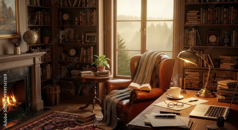 Fototapeta premium A cozy home office with a fireplace and a large window overlooking a serene landscape
