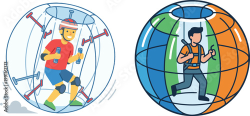 Set of cartoon characters exercising inside futuristic gyroscope pods, colorful vector illustrations isolated on white background, perfect for fitness, technology, and active lifestyle themes.