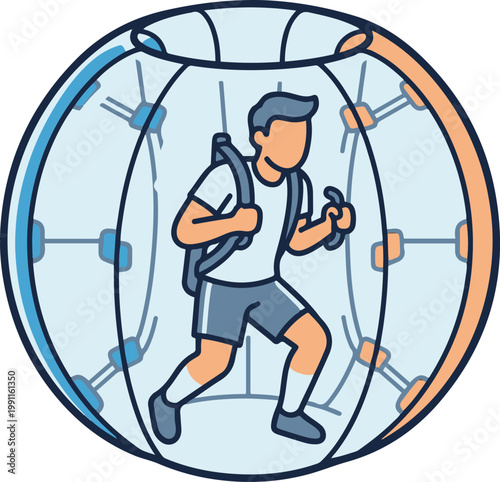 Cartoon man running inside a transparent gyroscope fitness sphere, clean vector illustration isolated on white background, ideal for sports technology and active lifestyle themes.