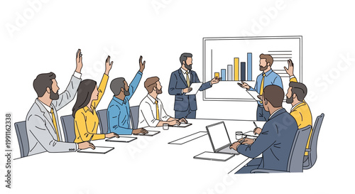 Business meeting with presentation, audience raising hands to ask questions or vote