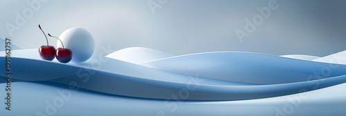 Cherries with white sphere in soft blue minimalist abstract landscape, elegant composition with smooth waves and modern copy space