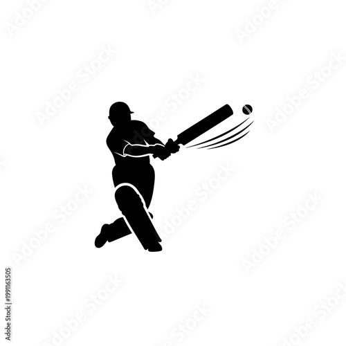 Silhouette of a cricket batsman in the process of hitting a six with the ball blurring past the bat, a sport illustration