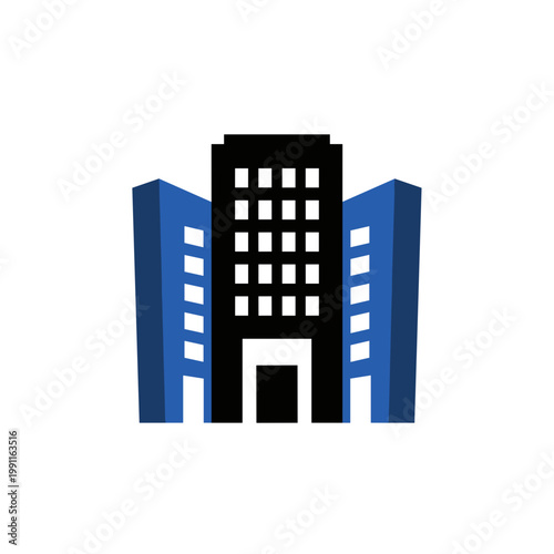 Corporate office block icon flat design in black and blue