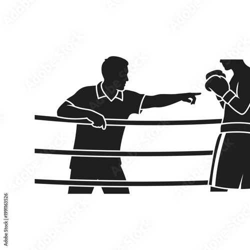 Stylized Silhouette Illustrating a Boxing Coach Guiding a Fighter with a Pointing Gesture Inside a Combat Sports Ring, Highlighting Strategic Training and Mentorship