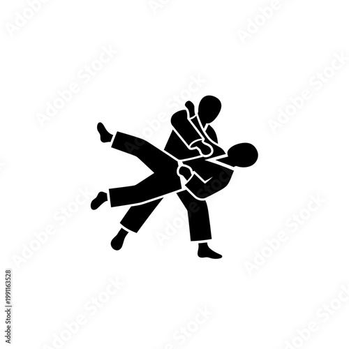 Dynamic illustration of two martial artists engaged in a grappling technique, showcasing skill and power in a competitive combat sport match