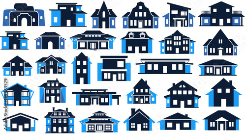 Set of 30 house icons flat design in black and blue