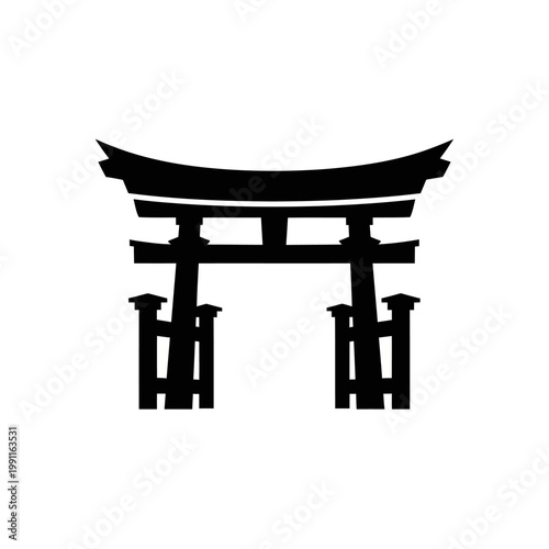 Elegant Black Silhouette Vector of a Japanese Torii Gate - Emblematic Architectural Symbol of Asian Spirituality and Tradition and Culture