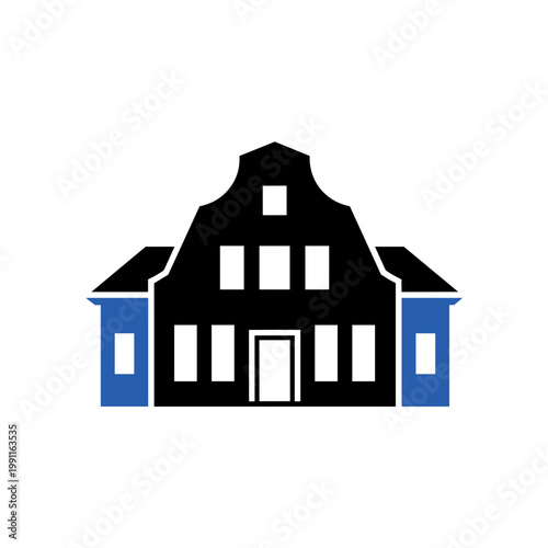 Dutch style house icon flat design in black and blue