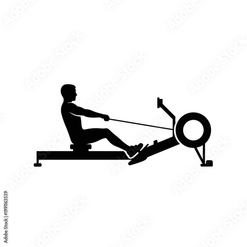 Dynamic silhouette of a person engaging in a full-body workout on a rowing machine, symbolizing fitness, strength training, and cardiovascular exercise in a gym environment