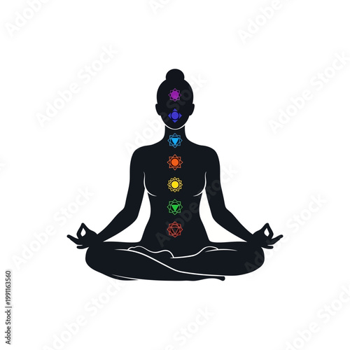 Simple graphic illustration of a person practicing yoga meditation with visible seven chakras, symbolizing spiritual wellness, inner balance, and energy flow