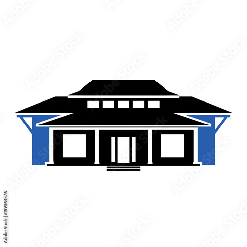 Modern bungalow house icon flat design in black and blue