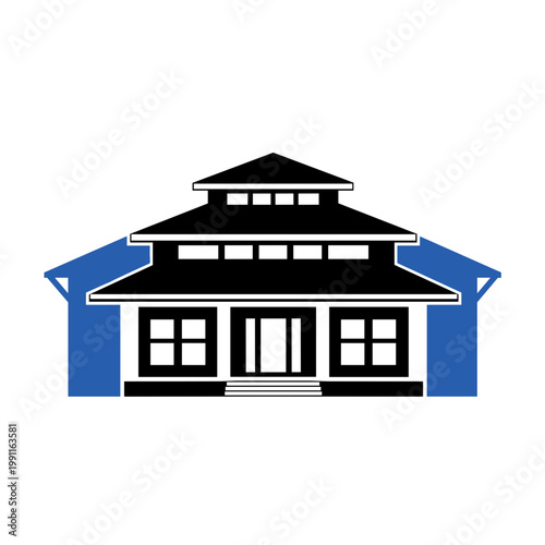 Asian style house icon flat design in black and blue
