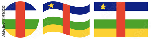 Central African Republic flags collection. Waving flag of Central African Republic isolated. Round flag of CAF isoled.