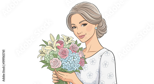 Elegant Bride Holding Bouquet, Wedding Day Portrait Illustration