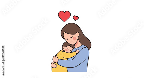 Mother Hugging Sleeping Baby with Love Hearts - Family Bond, Tender Care