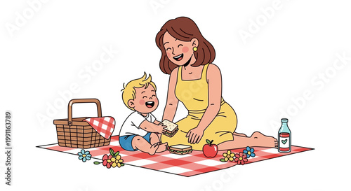 Mother and Child Enjoying a Picnic Lunch Outdoors, Happy Family Moment
